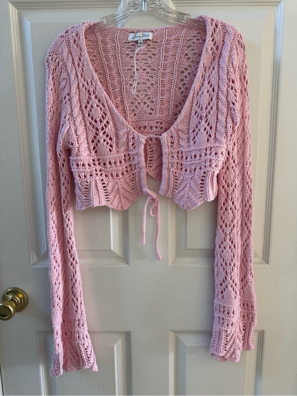 Emory Park Pink Crochet Tie-Front Cropped Cardigan